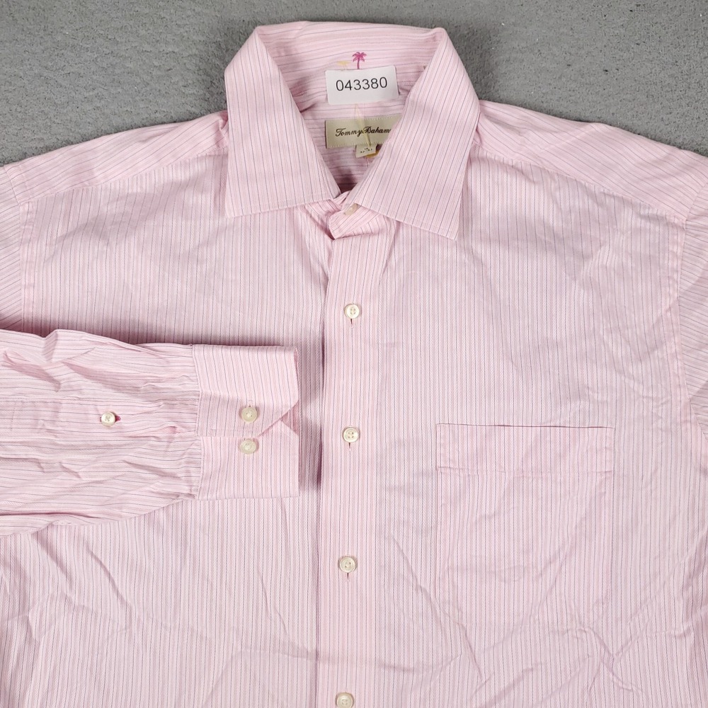 Tommy Bahama Shirt Mens 16 32-33 Pink Striped Dress Button Up Long Sleeve